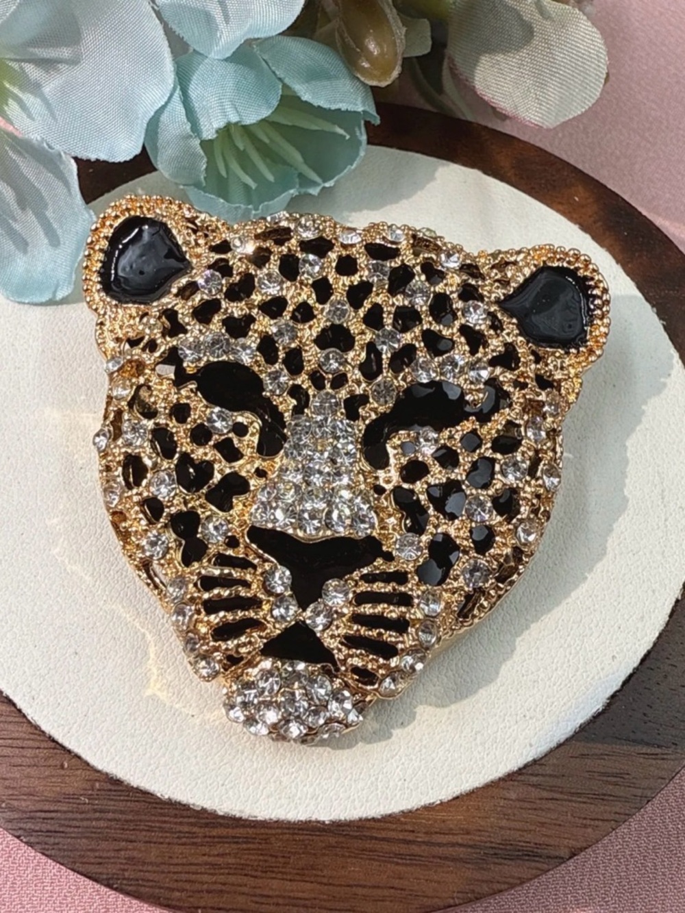 2” x 2” Gold and Black Crystal Leopard Face Brooch
